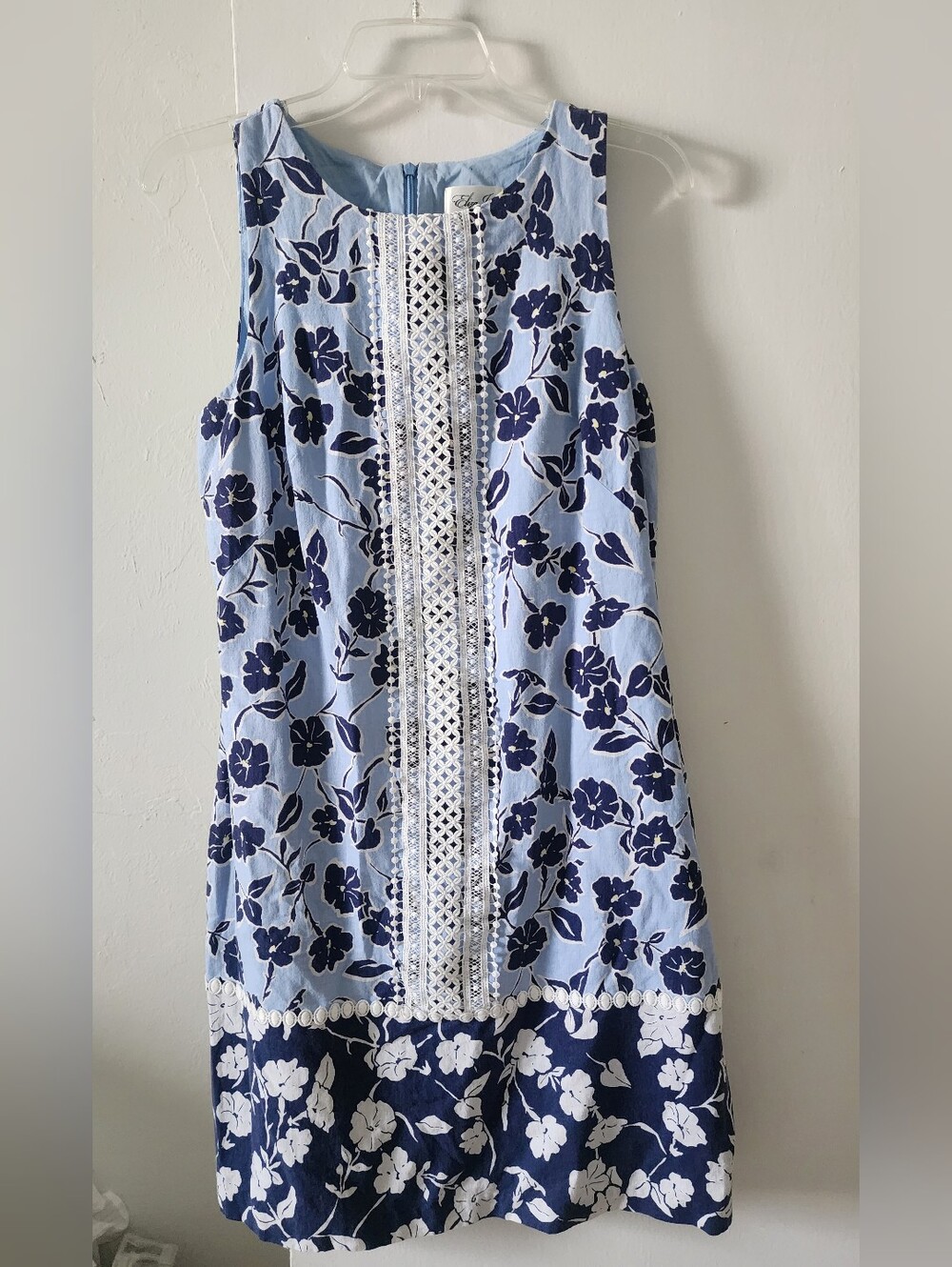 Eliza J Sky Blue & Navy Floral Crochet-Trim Sleeveless Dress